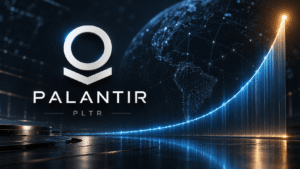 Palantir logo beside a rising blue chart illustrating AI growth and valuation expectations.